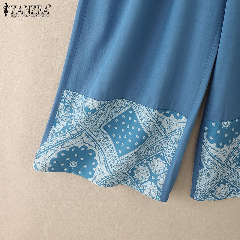 ZANZEA Women Casual Elastic Waist Loose Print Cropped Pants