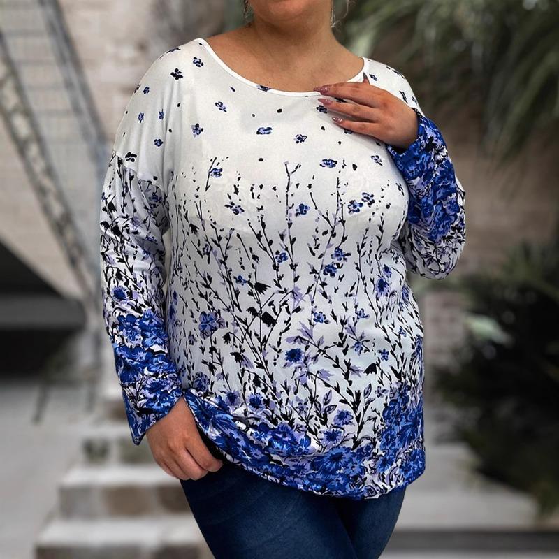 Plus Size Women S Long Sleeve Crew Neck Floral Print Spliced T Shirt