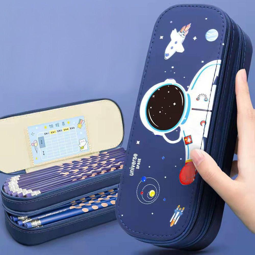 Large Capacity Cartoon Pencil Case Creative Double Layer PU Waterproof Stationery Box Student School Supplies