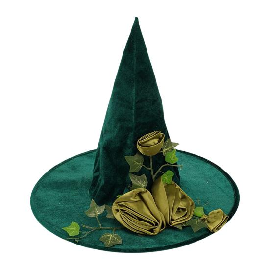 Rose-Lace Decor Witch Hat Halloween Green Party Cosplay Hat Magical Mystery Role-play Witch Hat Costume Accessory