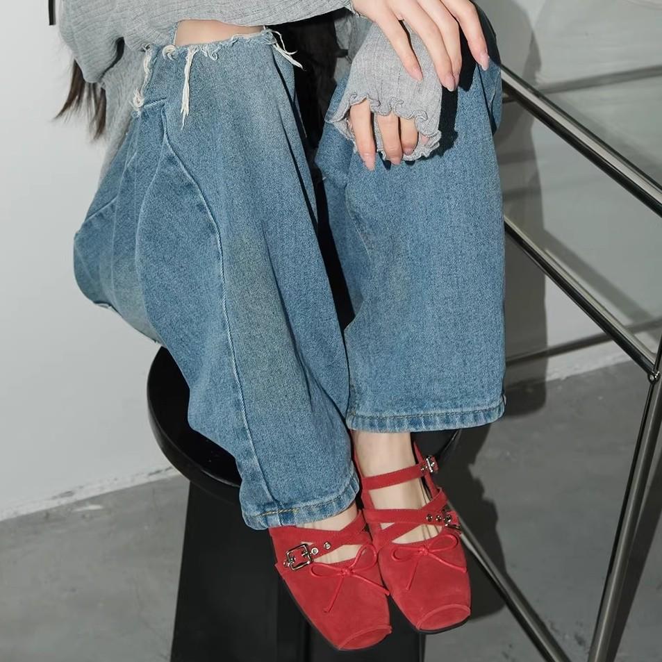 

2025 spring new red bow small single shoes women s spring and summer leather retro shallow mouth rivet ballet flats 34