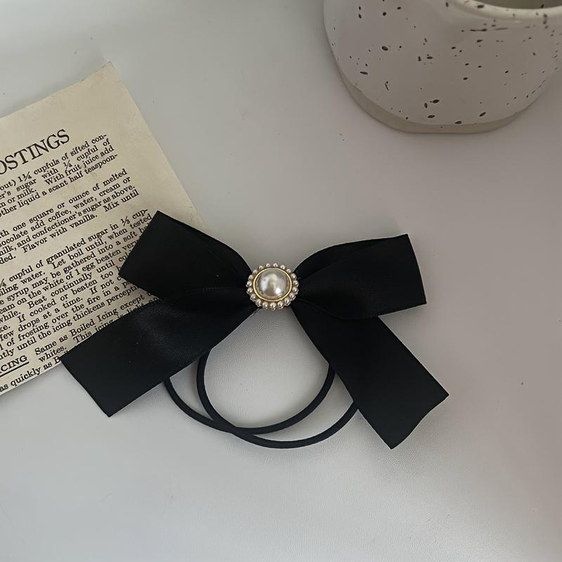 Elegant Scrunchie Black Elegant Minimalist French Bow Hair Scrunchie Imitation Pearl Solid Color Hair Rope, Vintage Style Hair Tie Accessory