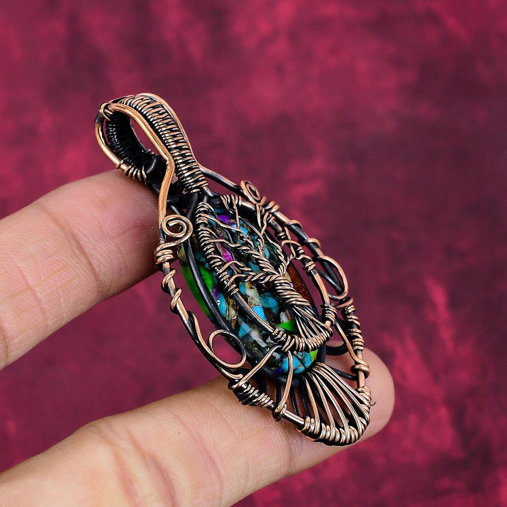 Tree Of Life Fiesta Kingman Turquoise Pendant Copper Wire Wrapped Jewelry