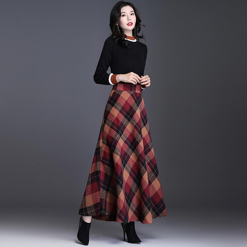 Jupe à carreaux grande taille 3XL pour femmes, épaisse, chaude, élégante, taille haute, longue, décontractée, en laine, pour l'hiver