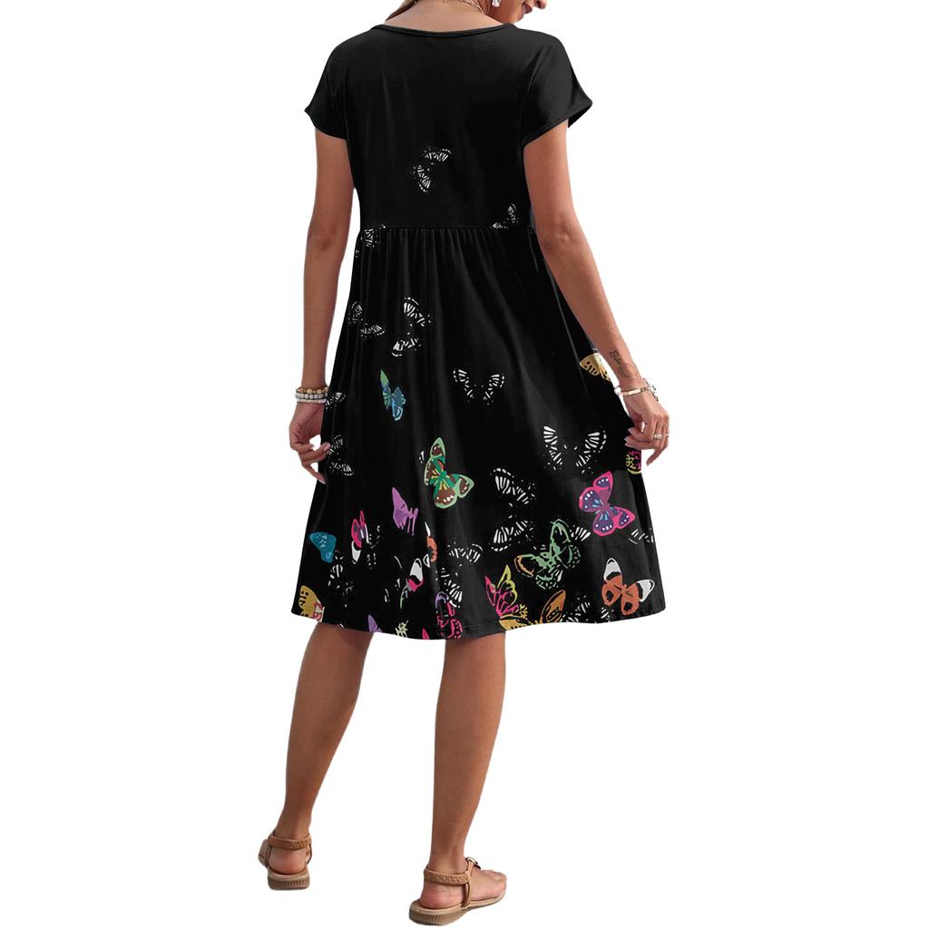 Damen Sommer Mode Lässig Rundhals Kurzarm Blumenmuster Kleid