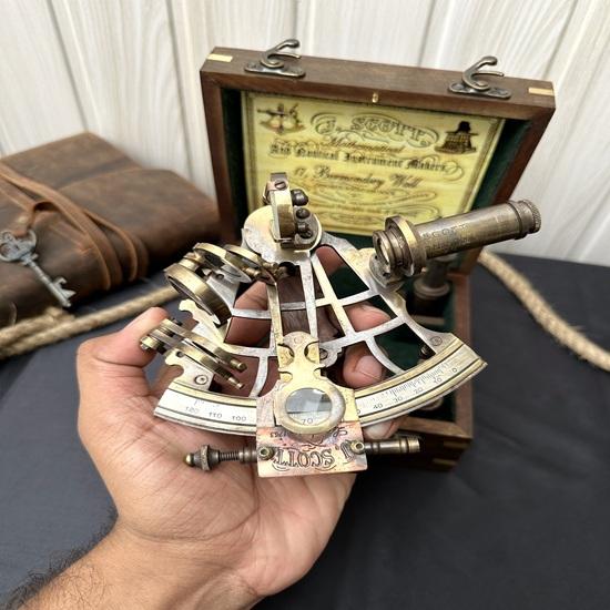 Nautical J Scott Brass Working Sextant With Two Telescope, 12.7 cm Maritime Navigational Instrument With wooden box, Wedding Birthday Annivrsary Gift