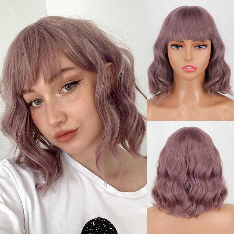 MERISIHAIR Women Short Bob Natural Wavy Pink Wig with Bangs Synthetic Fiber Short Water Wave Wig Daily Wear Cosplay