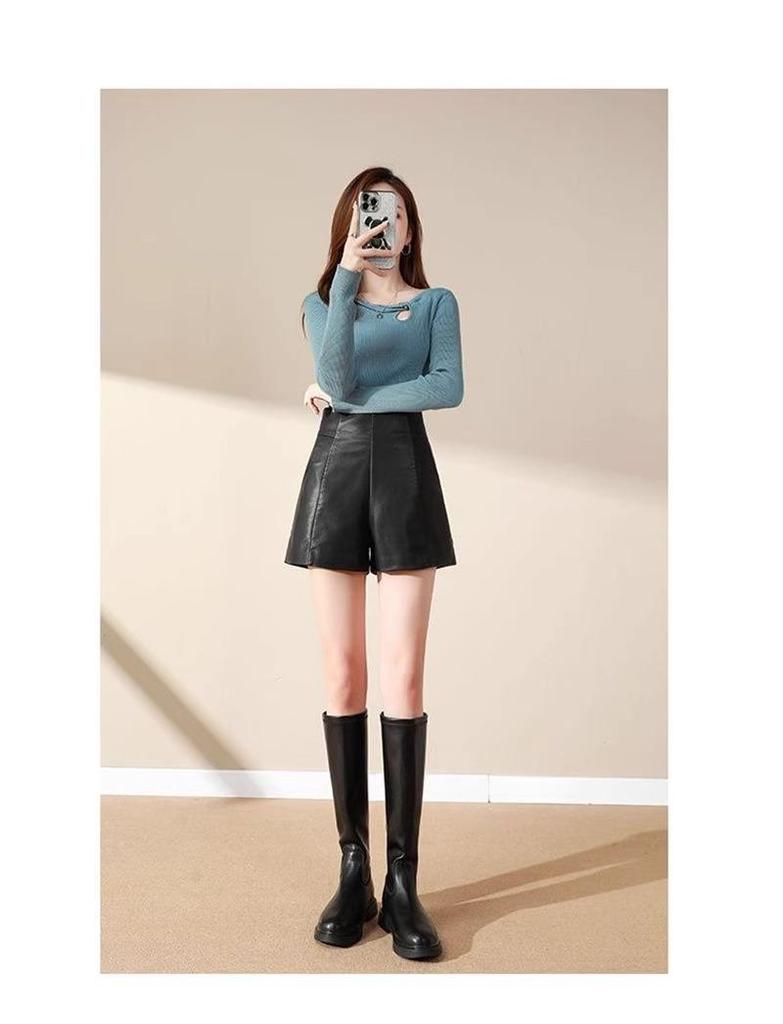 High Waist PU Leather A-Line Shorts for Women - 2023 Autumn/Winter Fashion, Korean Style, Slimming Wide Leg Booty Shorts