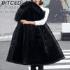 BITCED Women's Winter Mid-Length Cotton Coat with Fleece Lining, Large Fur Collar, Plus Size, Short Waist-Defining Jacket