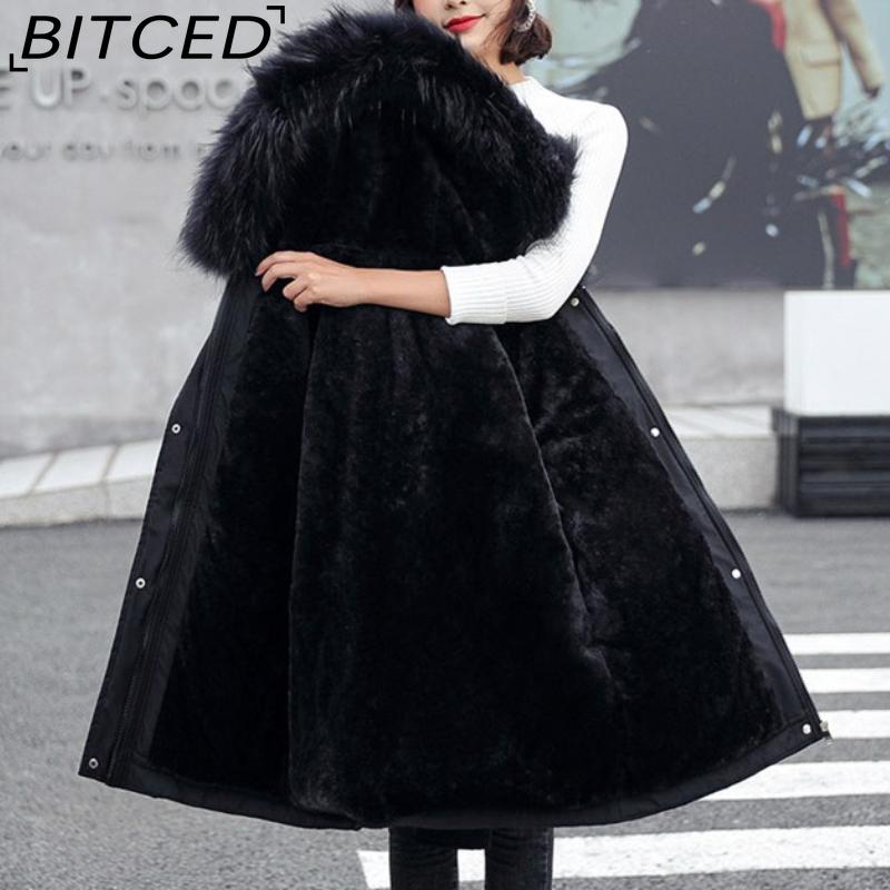 BITCED Women's Winter Mid-Length Cotton Coat with Fleece Lining, Large Fur Collar, Plus Size, Short Waist-Defining Jacket