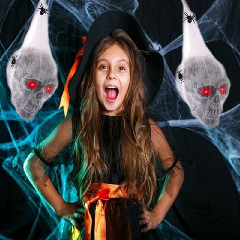 Halloween Horror Glowing Sound Control Spider Cotton Skull Prop with Light Up Eyes Ghost House Secret Room Courtyard Decoration