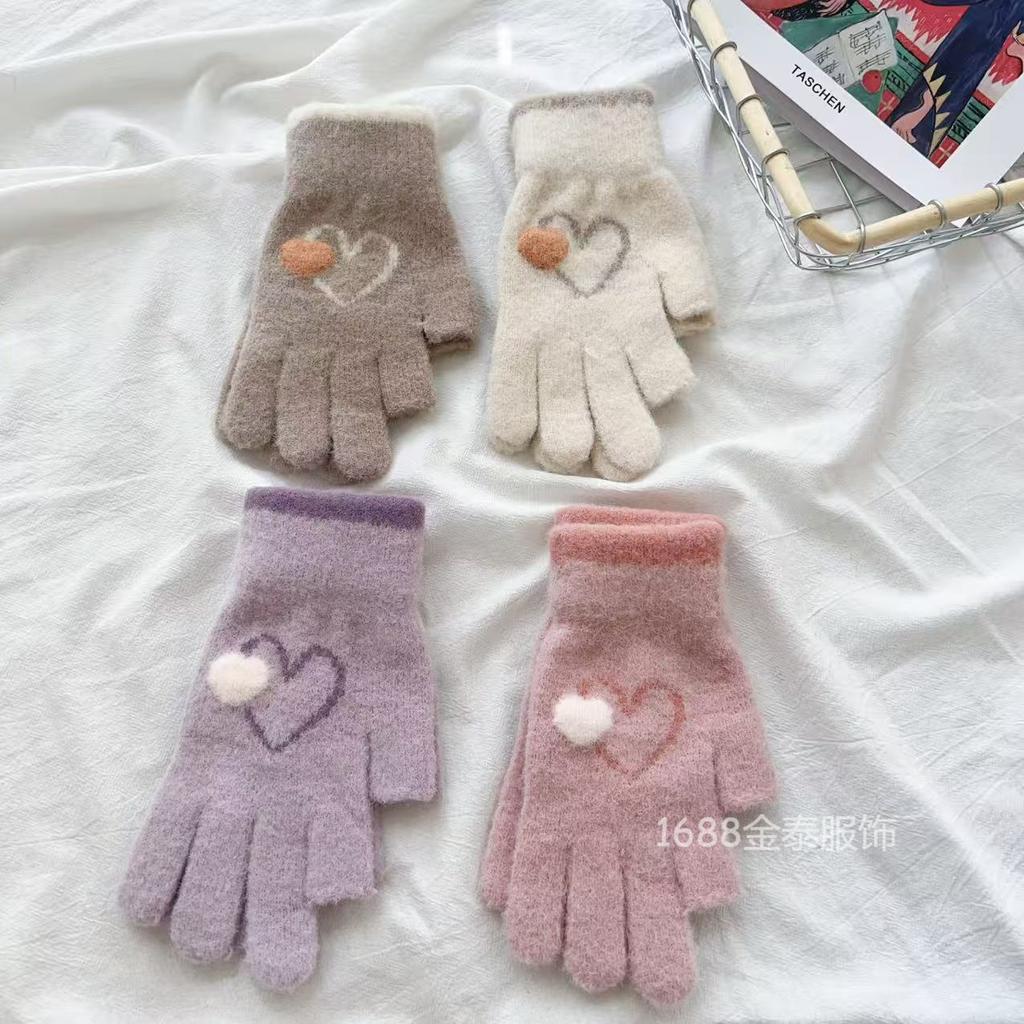 Love knitted gloves 25 autumn and winter new women's outdoor leakage 2 fingers to keep warm and cold, student finger touch screen gloves batch