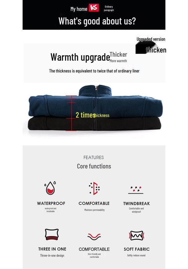 Unisex Windproof 3-in-1 Jacket, Couple Style with Detachable Liner, Two-Piece Set for Hiking, Plus Size Available