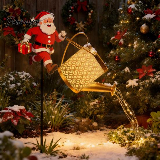 Auto On Off Patio Decorations Solar Powered Garden Lights, Santa Watering Can Stake Light Weatherproof Lawn Lamps for Outdoor Pathway Yard, Waterproof