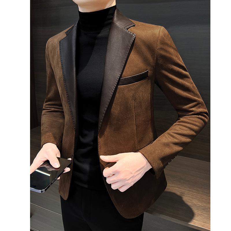 Skórzany 2025 Męski Khaki Szyty Blazer - Styl Hongkoński Jesień/Zima