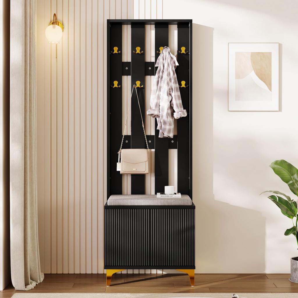 Garderoben-Set Flur, Kompaktgarderobe Modern: 4 Kleiderhaken, Schuhschrank, Schuhbank, offenes Fach, Eingangsschrank, Garderobenständer, Weiß