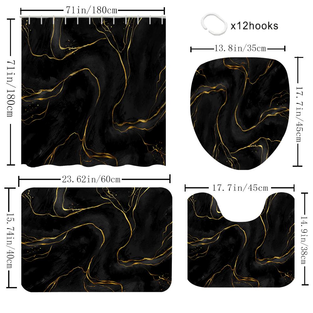 1/4 Marble Veining Shower Curtains, Toilet Seat Decoration, Shower Curtain With Carpet And Toilet Lid, 70.8X70.8 Inch