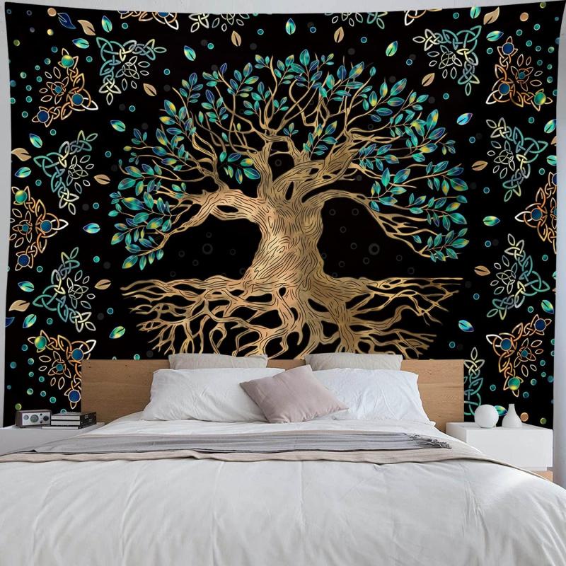 VIKAMA Tree of Life Black Gold Tapestry Blue-Green Gradient Esoteric Artwork Living Room & Bedroom Feature Wall Decoration