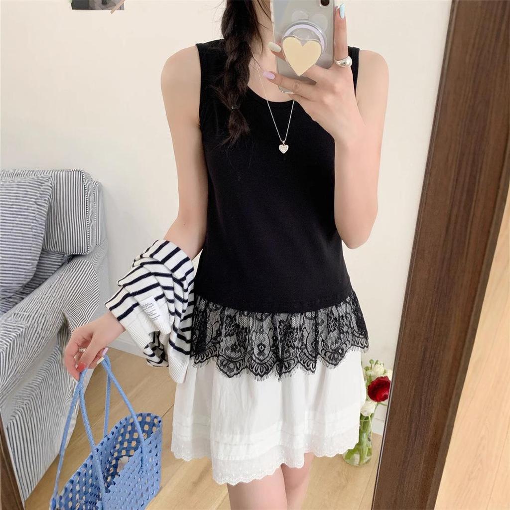 Frühling/Sommer 2025 Damen Ärmelloses Layering-Top mit Spitzensaum