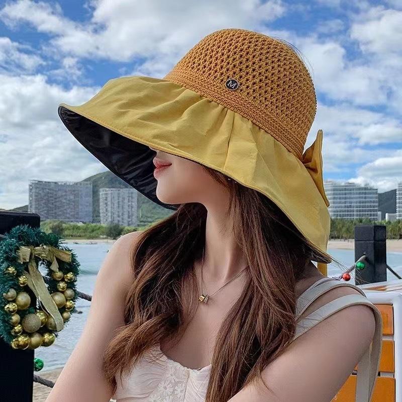 New summer versatile outdoor visor big brim bucket hat portable sunscreen sun hat bow women's hat