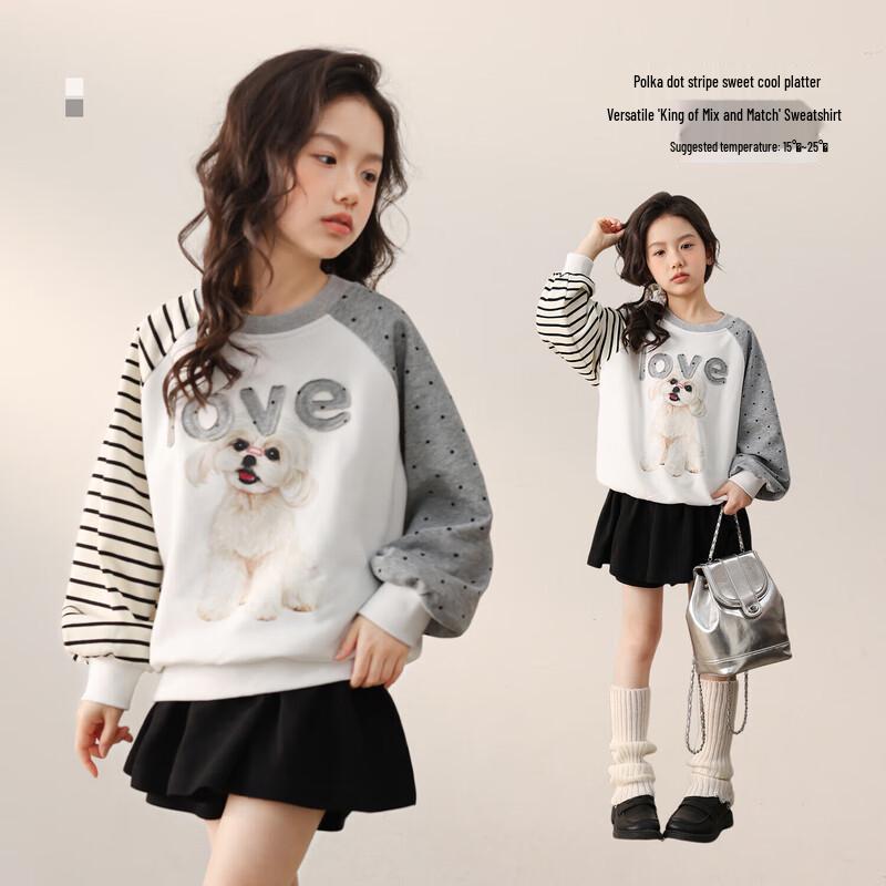 LUSON Girls Polka Dot Stripe Patchwork Raglan Sweatshirt 140