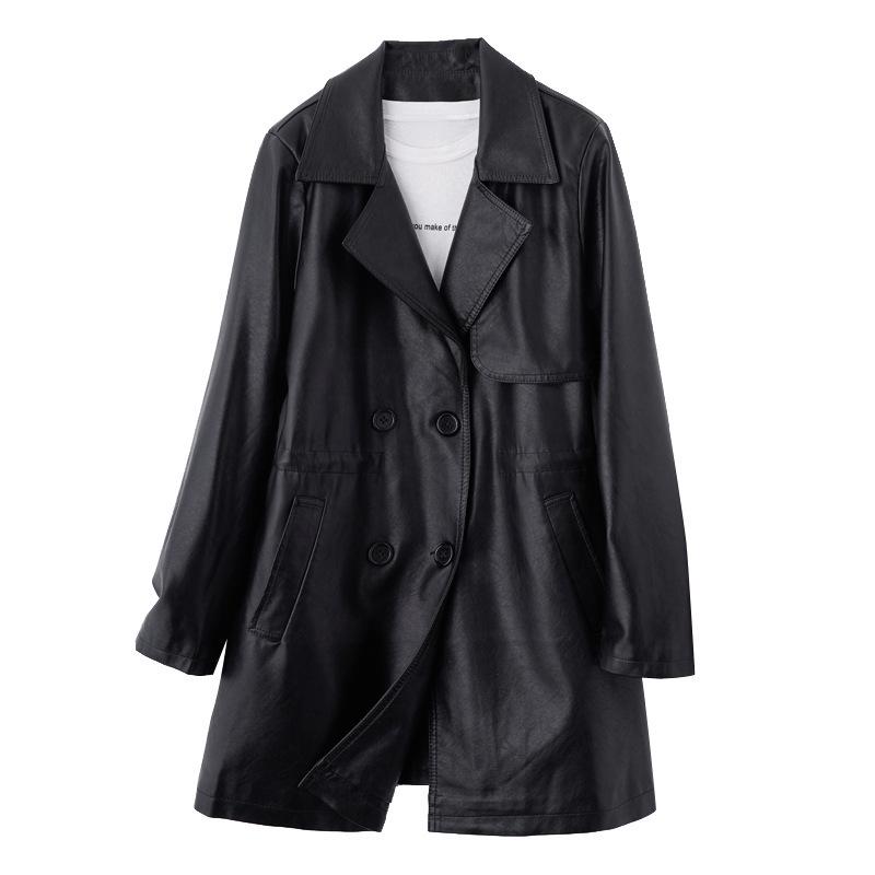 Women's Mid-Length Sheepskin Leather Trench Coat - 2025 Spring/Autumn Fashion in Small Sizes