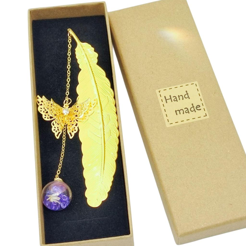 Chinese Style Dried Flower Bookmark with Feather, Metal Butterfly & Tassel - Ideal Teacher's Day Gift