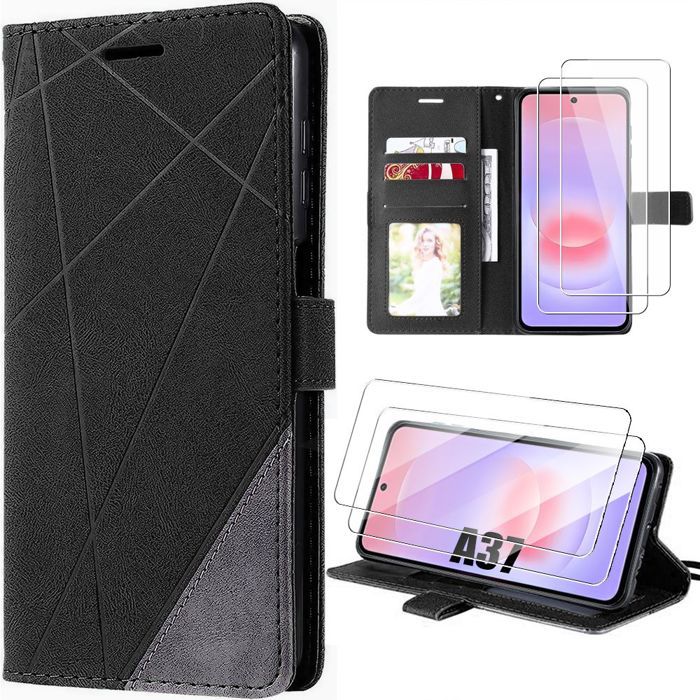 Coque pour Samsung Galaxy A37 5G, Protection Antichoc Anti-Rayures Cuir PU Noir - 2 Verres Trempés
