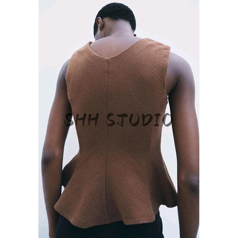 Spring New Women's Clothing Casual Easiest for Match V Neck Sleeveless Hem Short Skirt Texture Tops 1223006