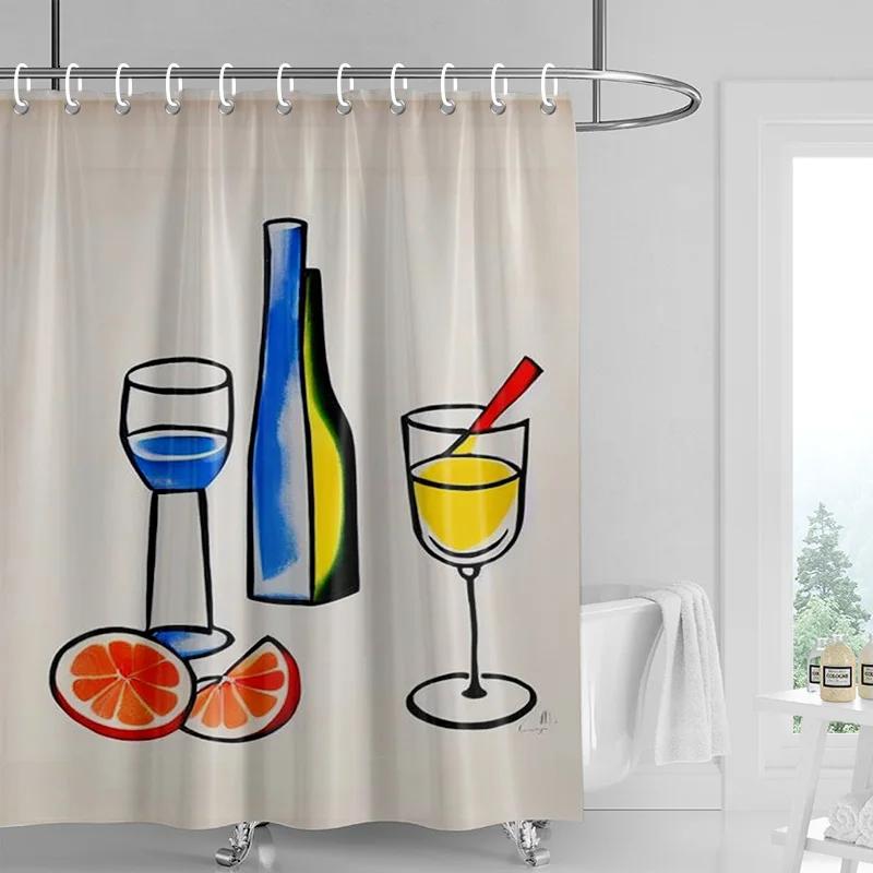 

Minimalist Art Shower Curtain-Geometric Wine And Citrus Print, Waterproof Beige Bathroom Decoration 180 X 180Cm W60H190(CM)-1 Pcs
