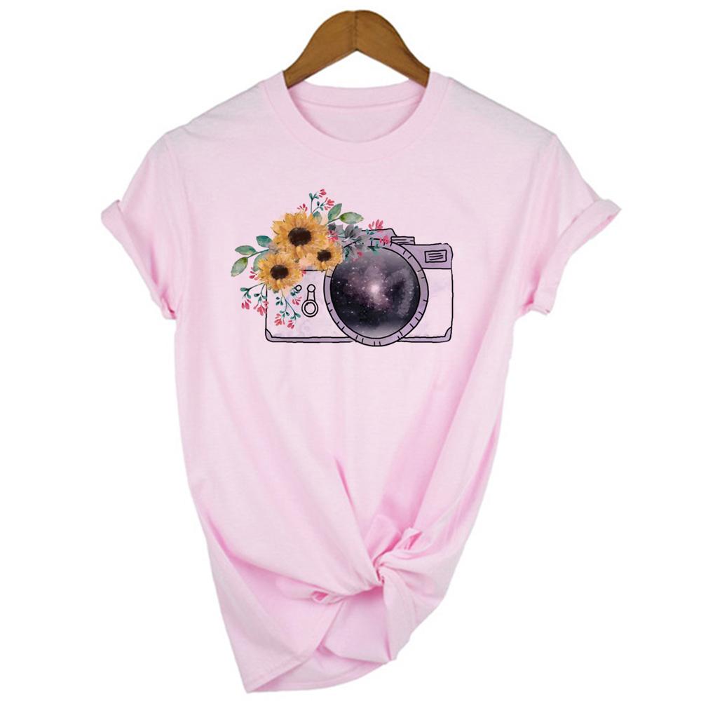 Women Graphic Sunflower T Shirt Watercolor Female Print Vintage World Compass Camera Flower Ladies Camisas Mujer