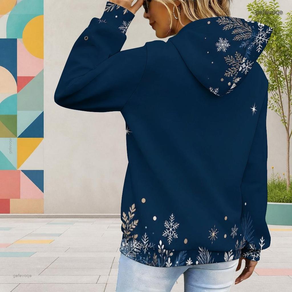 Women Plus Size Navy Snowflake Printed Long Sleeve Drawstring Hoodie Kangaroo Pocket Pullover