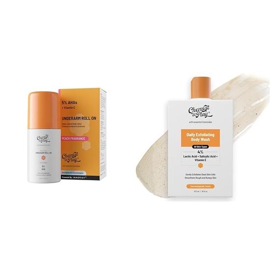 

Chemist at Play Роликовый дезодорант для подмышек с 5% AHA, молочной кислотой и 1% миндальной кислотой - 40 мл и Chemist At Play Отшелушивающий гель для душа с 1% салициловой кислотой 473 мл