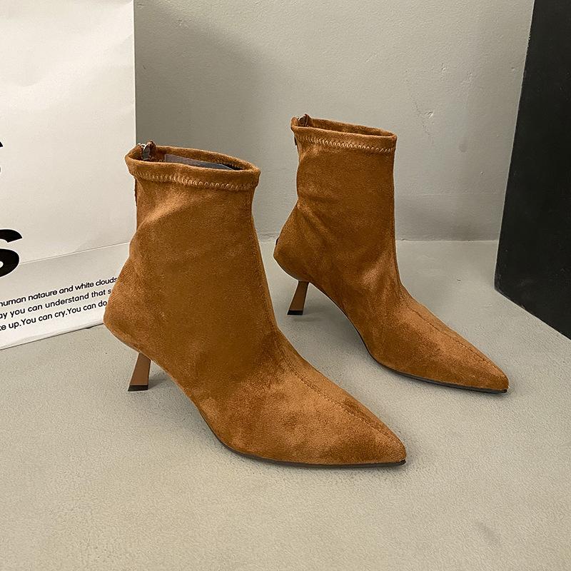 Pointed Short Boots for Women In Autumn and Winter 2025 New Short Tube Niche Zipper Elastic Thin Boots Thin Heel High Heel Boots for Women