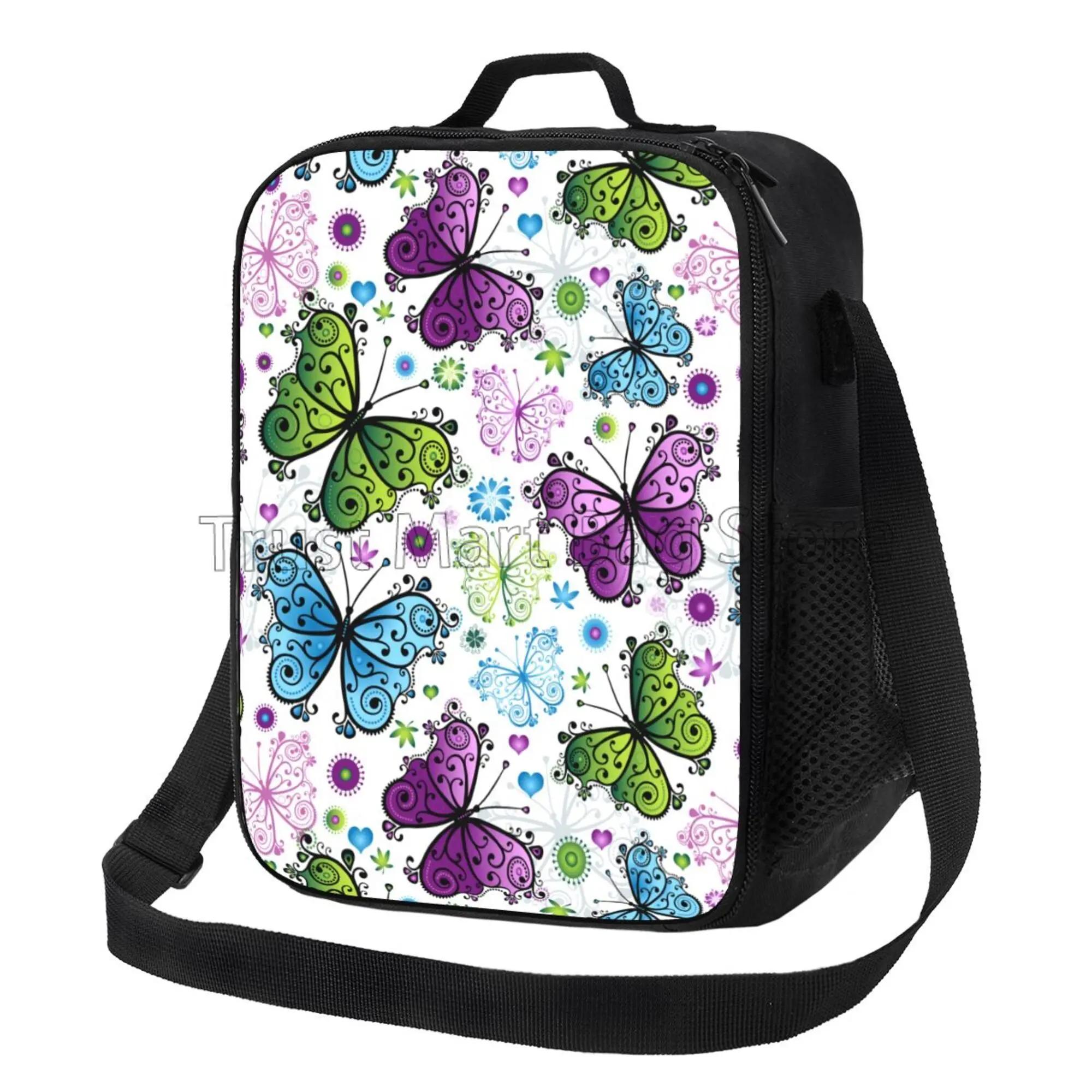 

Красочные бабочки сумки для обеда для женщин многоразовые Оксфорд водонепроницаемый термохолодильник Bento Box для работы в офисе школы пикника 26.5x20x11.5CM