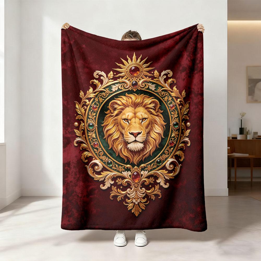 1pc European Retro Diamond Lion Badge 230g Flannel Blanket, Soft Throw Blanket For Sofa Leisure And Office Daily Nap