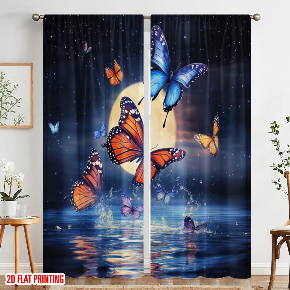 2pcs,2D Plane Printing Creative Curtains Moonlit Butterflies Versatile Durable Polyester (without Rod) All Seasons Ldeal for