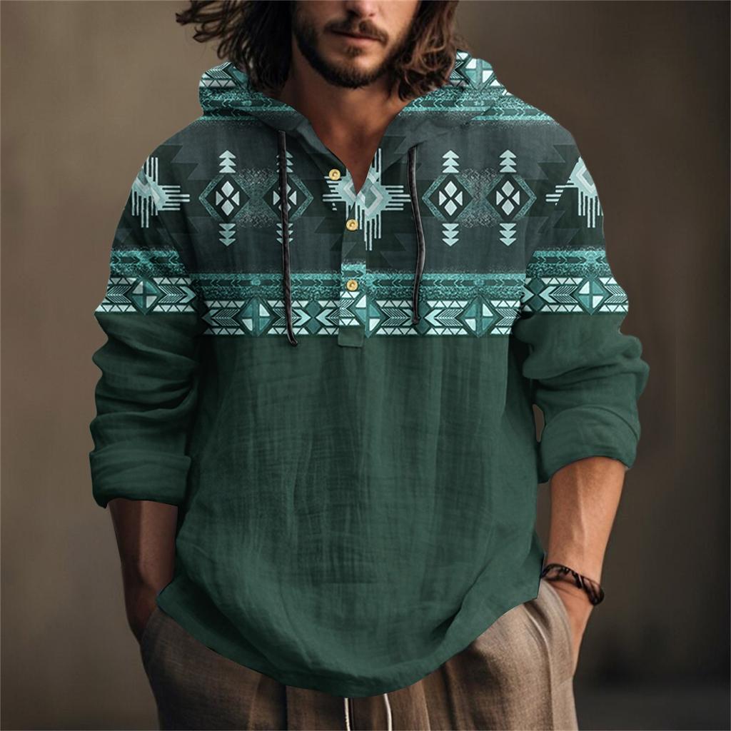 Printed Men's Cotton And Linen Shirt Hooded Long-sleeved Hooded Spring And Summer Casual Daily Wear