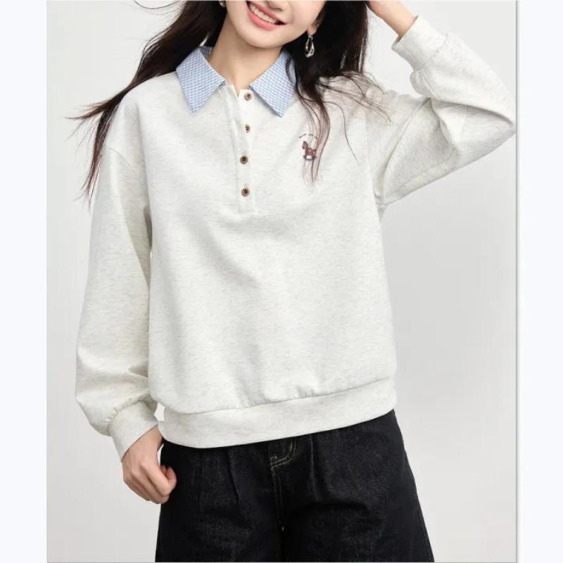 Womens Contrast Gingham Collar Polo Neck Horse Embroidery Loose Sweatshirt
