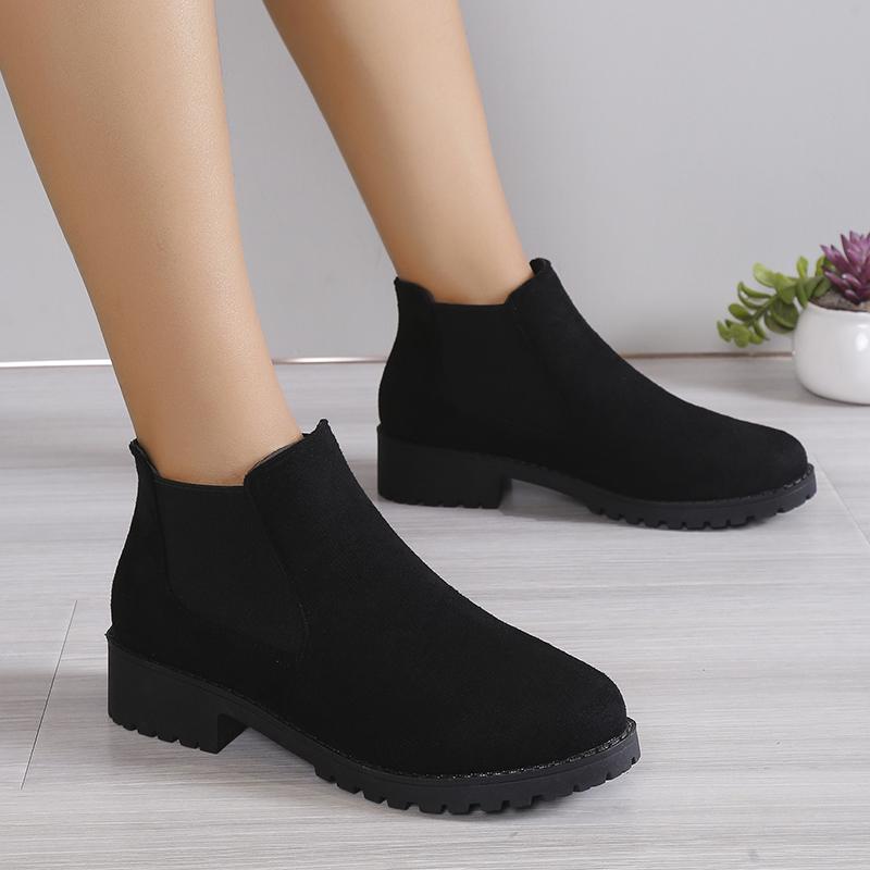 New Winter Casual and Comfortable Thick-soled Round-toe Black Sexy Elegant Warm Square-heeled Short Boots for Women 2024