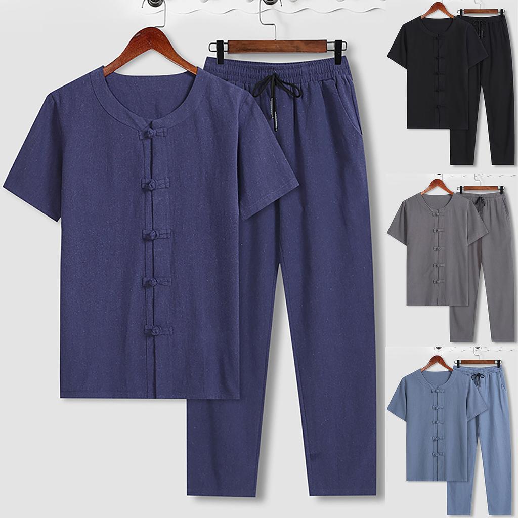 Men's Retro Cotton Linen Short-sleeved T-shirt Top Loose Pants Two-piece Suit