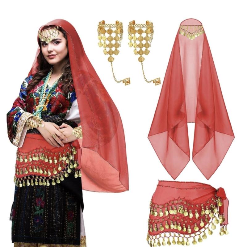 Gypsys Costume Accessories for Women Belly Dance Outfits Head Scarf with Belly Dance Coins Hip Scarf Chain Bracelets