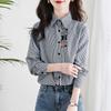 Spring Autumn New Striped Fashion Long Sleeve Shirt Women High Street Casual Button Cotton Cardigan Elegant Embroidered Tops