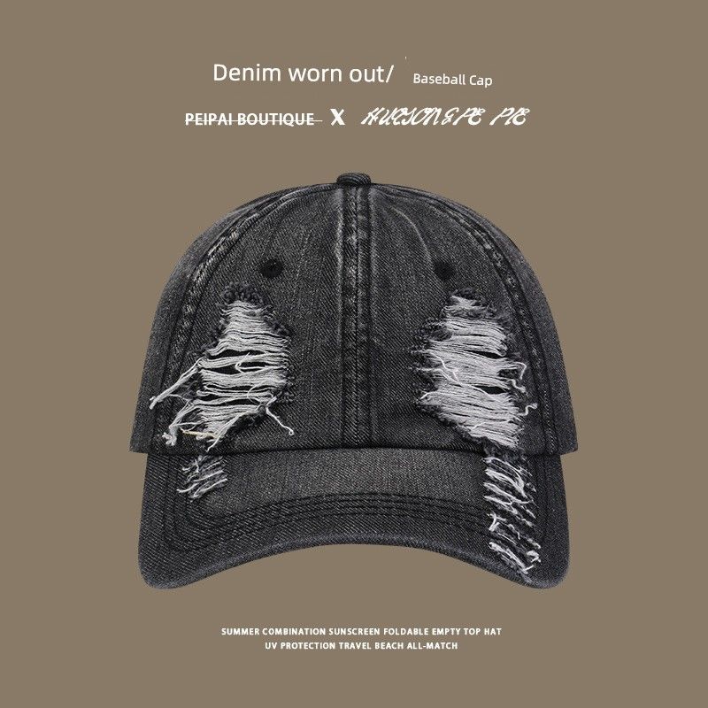 

K-style Wheat Men s and Women s Spring and Autumn Models Ripped Denim Baseball Cap Street Fashion All-Match Face-Looking Small Pure Cotton Peaked Cap C2928 Denim Abraded Baseball Cap Black All yards