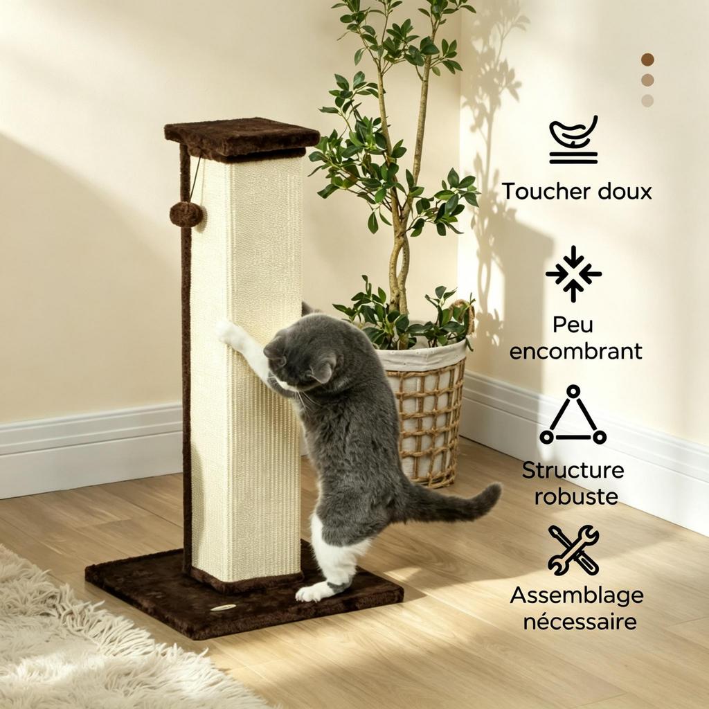 Cat Scratching Post, Sisal and Plush Scratching Post with Hanging Play Ball, Sturdy Base, Dimensions 41 X 41 X 81 Cm, Brown and Cream