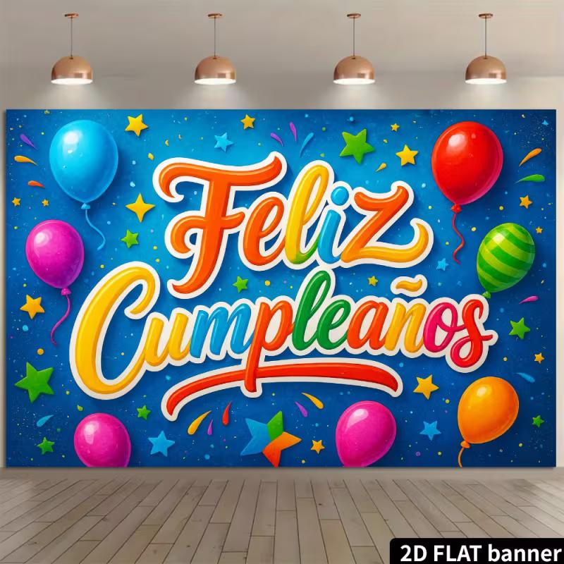 2D Blue Happy Birthday Spanish Backdrop, Festive Party Wall Decor Banner