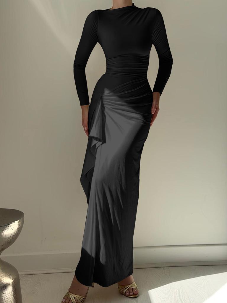 Autumn New Style Fashion Design Solid Color Crew Neck Asymmetrical Hem Slim Fit Dress