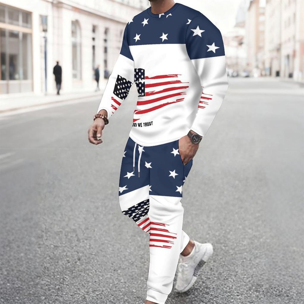 Men Split Usa Flag Star Floral Hand Print Long Sleeve Sweatshirt And Drawstring Jogger Pants Two Piece Suit