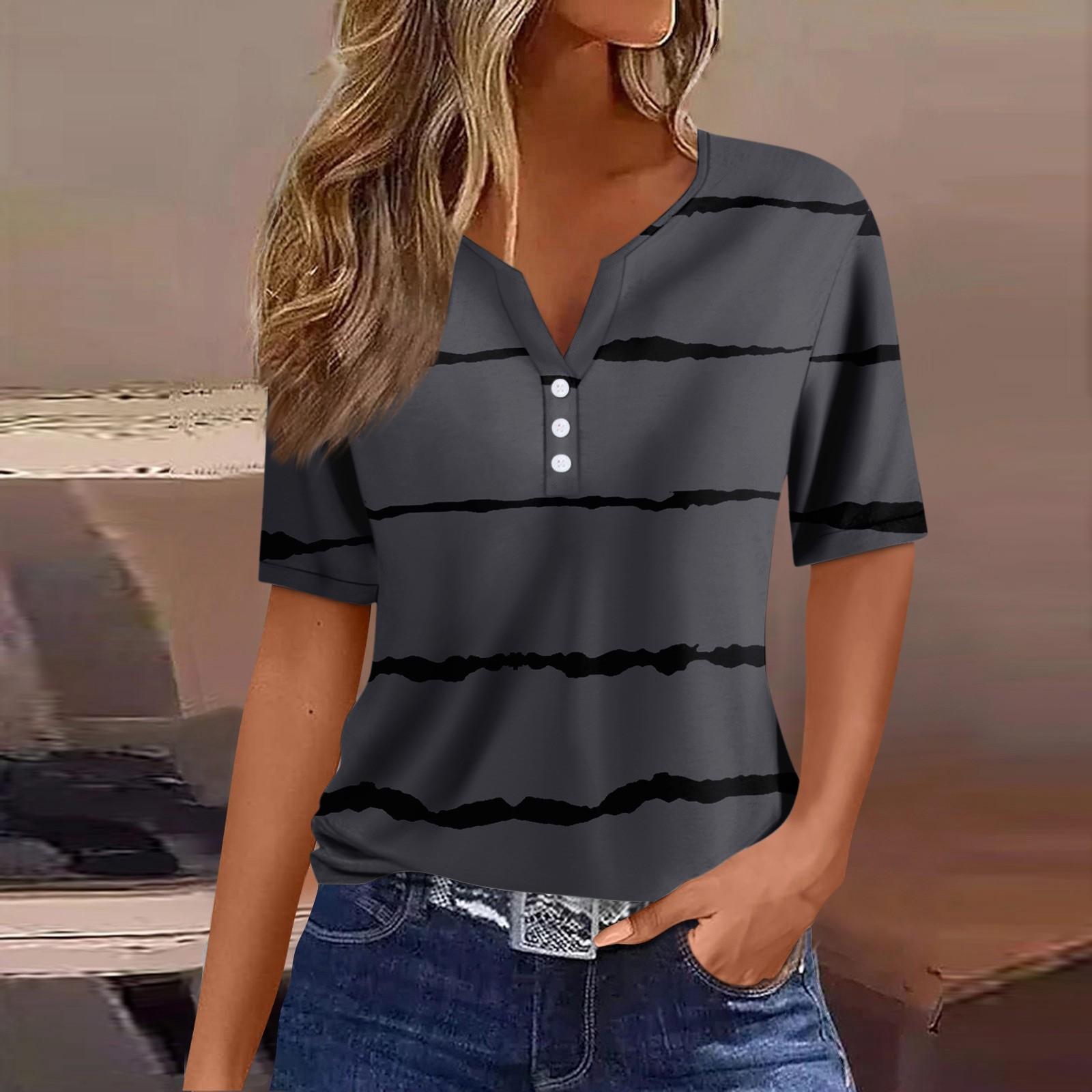 

Жіноча футболка з принтом на ґудзиках, з коротким рукавом, щоденна мода на вихідні, базовий V-подібний виріз, звичайний топ XL