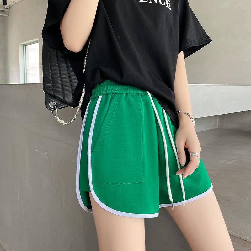 Women Summer Jogging Sports Solid Color Drawstring High-Waisted Wide-Leg Casual Shorts Pants